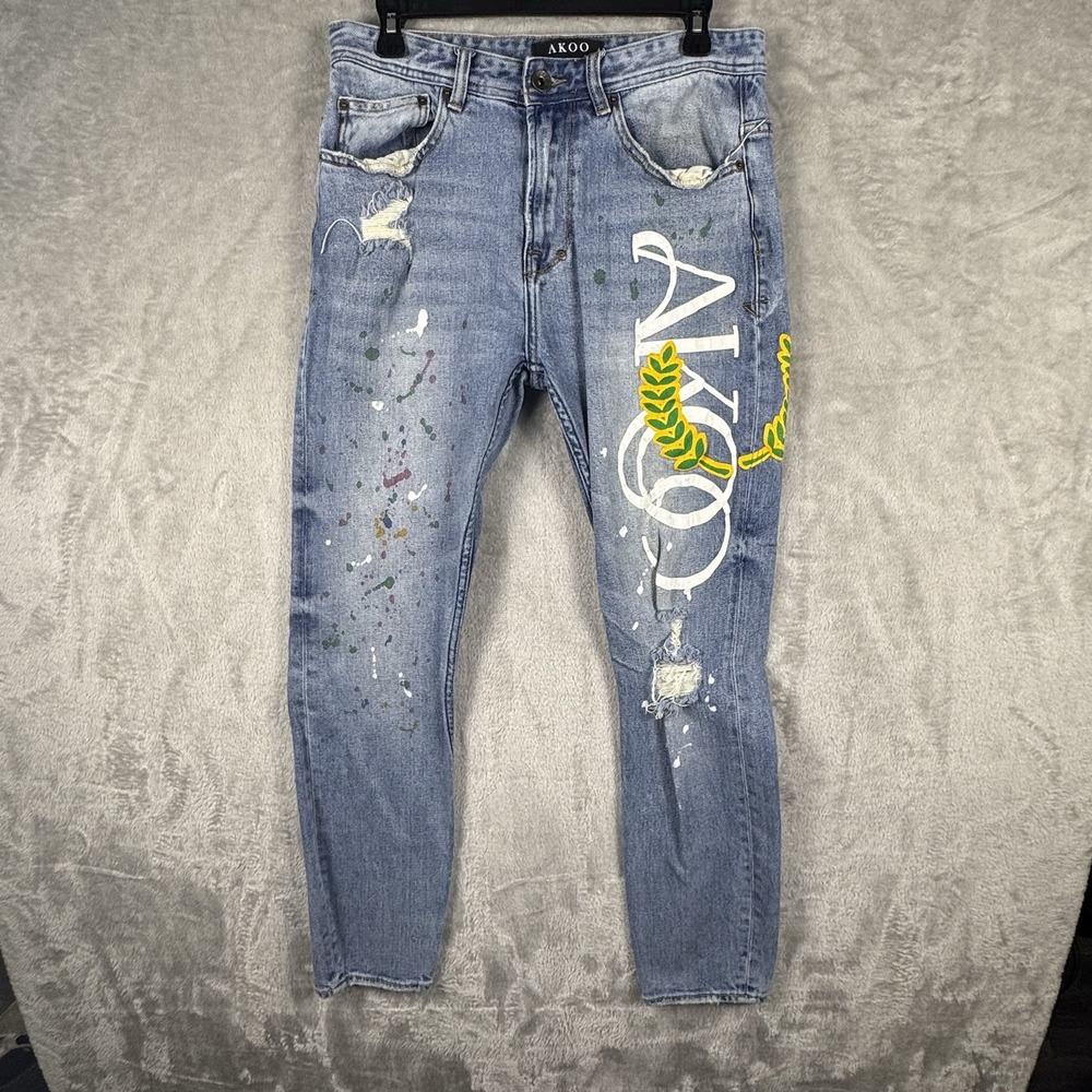 AKOO‎ Men's  32 Jeans Blue Graphic Denim Cotton Skulk Fit Distressed Skinny Leg